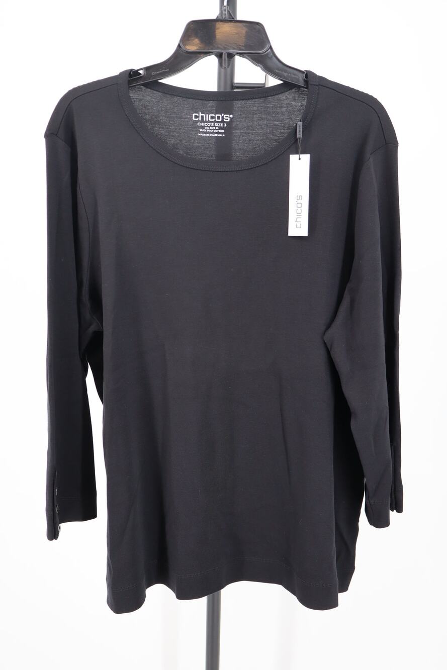 NEW Chico's Pima Cotton 3/4 Sleeve Tee Women's Black Round Button Size 3